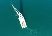 sailing yacht sailing boat Hanse 505 from air nadir vertical view sails deck mast rigging